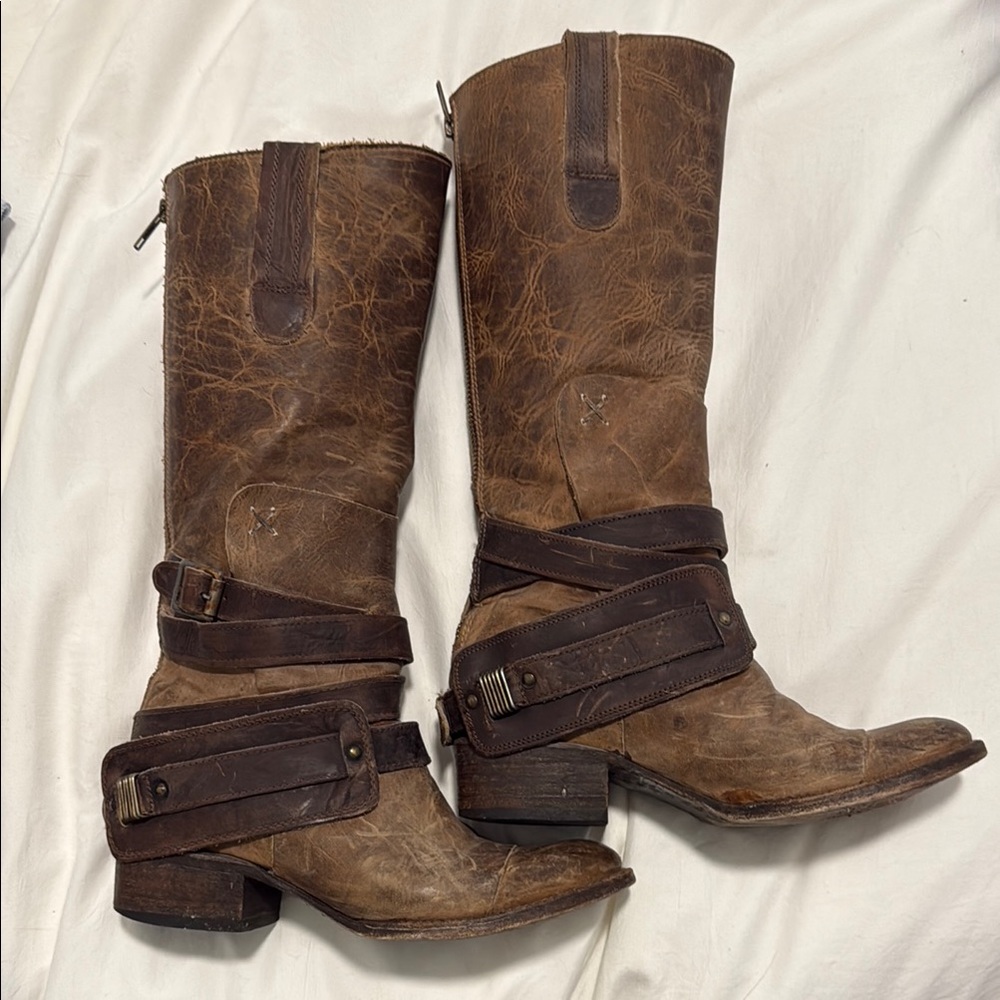 Freebird by Steven Brown Heeled Boots with Rustic Leather and Strap Details